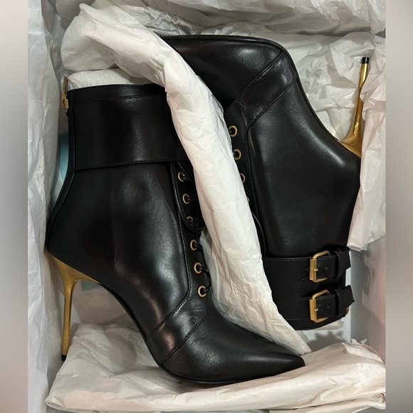 NIB Balmain Uria Leather Ankle Lace Zipper Buckle Boots Black Gold Heel 38 - Picture 14 of 16